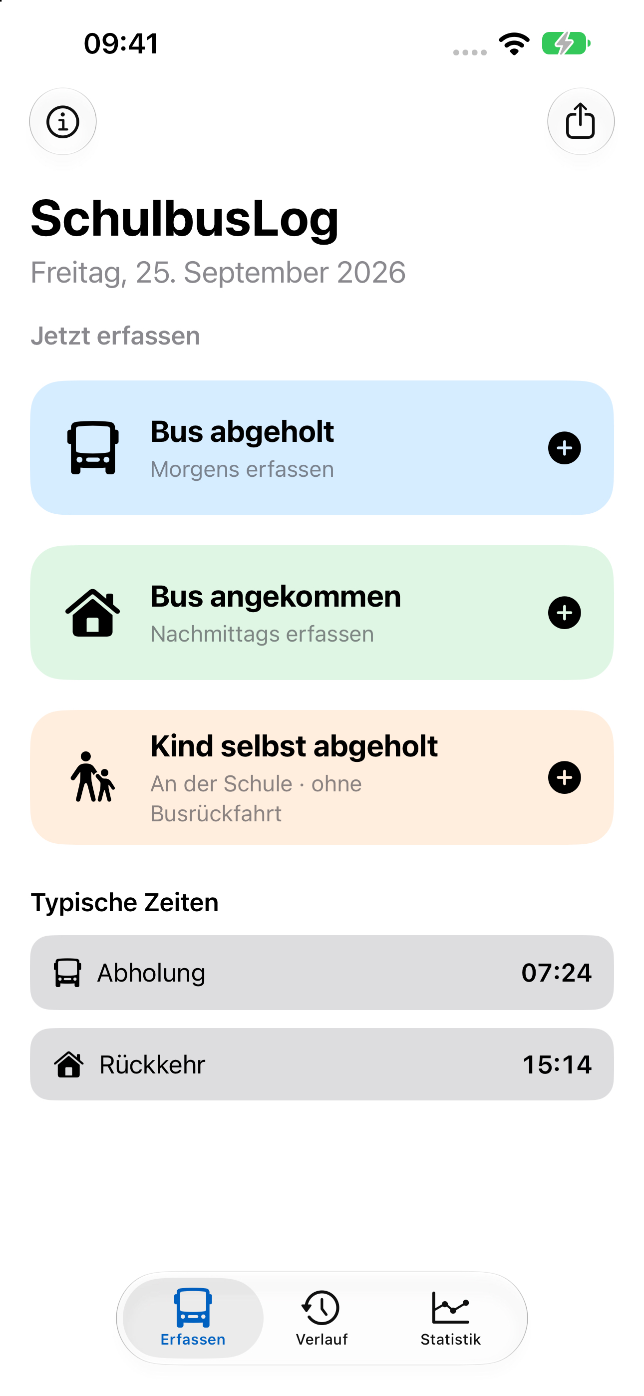 SchulbusLog: Abholung, Ankunft oder Selbstabholung erfassen und typische Zeiten ansehen. Beispielansicht mit fiktiven Daten.